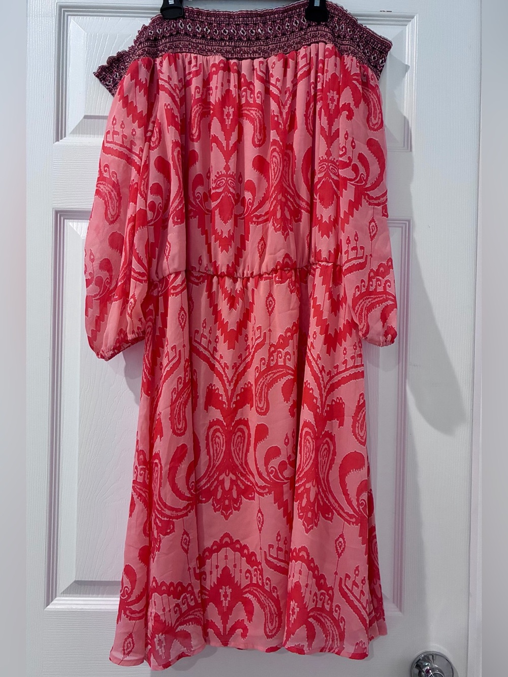 New York & Company Pink and Red Off-Shoulder Patterned Dress